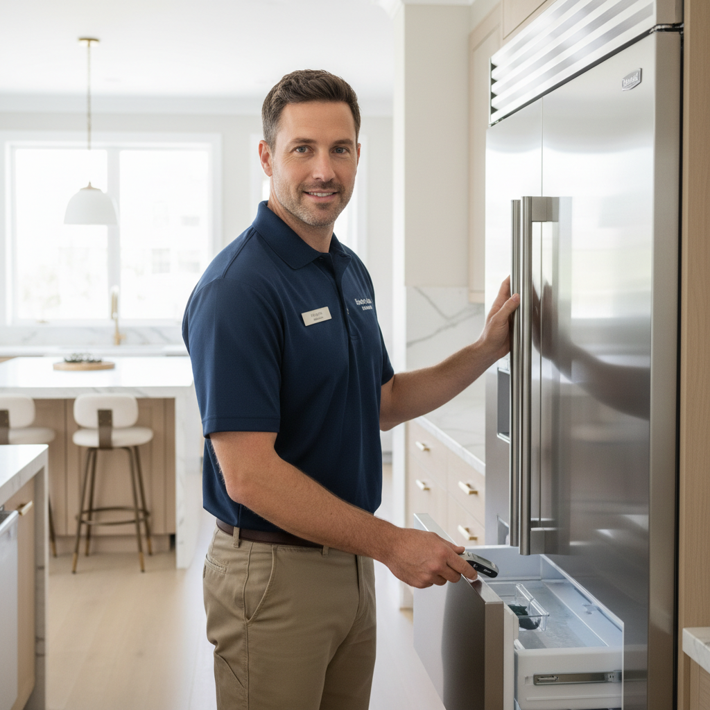 Professional appliance repair technician inspecting a built-in refrigerator